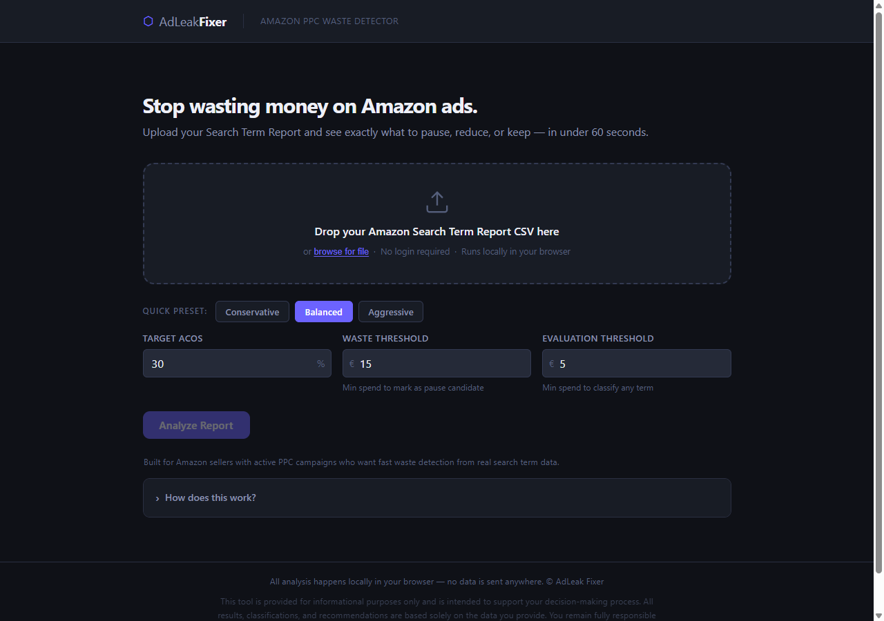 AdLeak Fixer upload screen — drag and drop your Amazon Search Term Report CSV