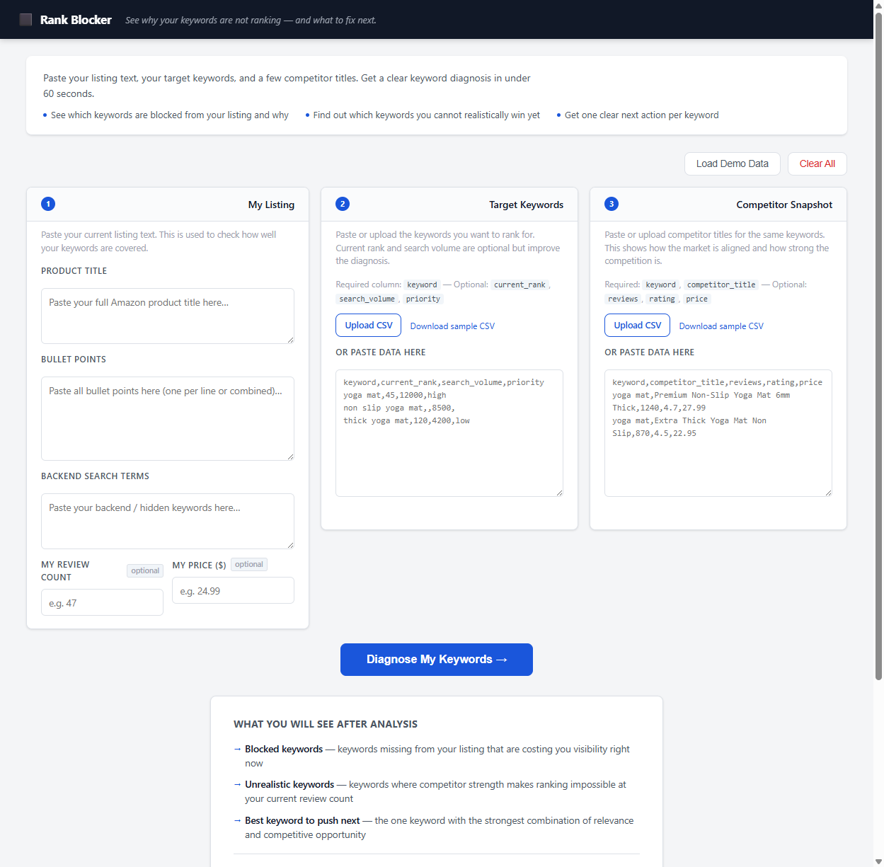 Rank Blocker input form — paste your listing title, bullet points and backend keywords