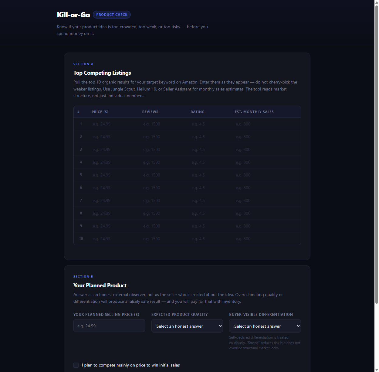 Amazon FBA product validation tool data entry interface — Section A shows the 10-row competitor table with Price, Reviews, Rating and Est. Monthly Sales columns. Section B shows your planned price, quality and differentiation dropdowns.